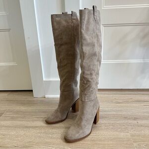 New - light gray suede tall knee high heeled boots